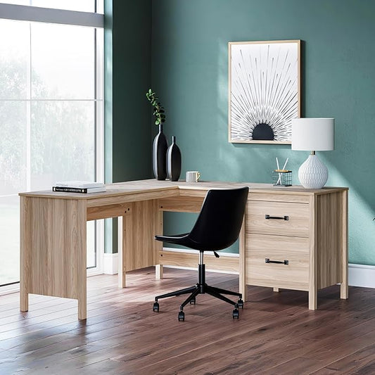 Signature Design by Ashley Battelle Casual L-Shaped Chevron Pattern 60" Home Office Desk with Return, Drawer and Cabinet, Light Brown