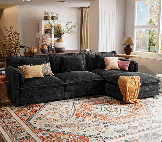 ELUCHANG 113" Modular Sectional Sofa, Comfy Cloud Couch Deep Seat Sofa Couches for Living Room, Modern Sofa with Movable Ottoman and Throw Pillows, DIY Combination - Chenille Black