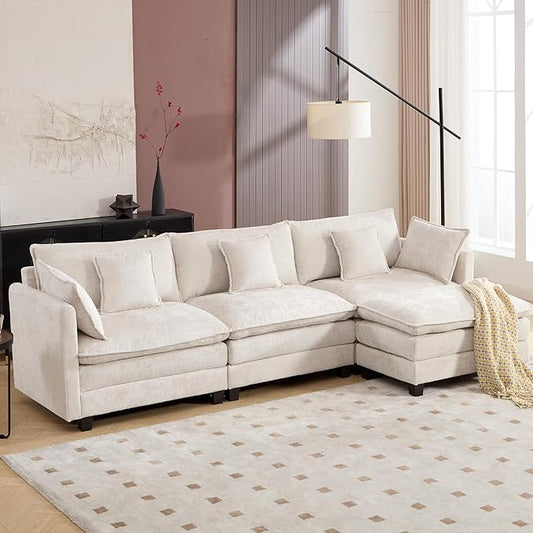Plush Modular Cloud Sofa Set with Ottoman | L/U-Shaped Deep Seating Chenille Sectional for Family Living Room