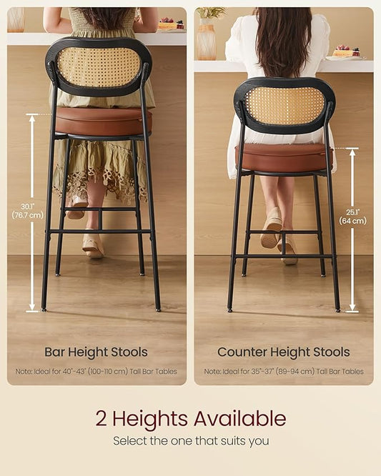 VASAGLE Bar Stools Set of 2, Bar Height Stools with Rattan Back and Metal Legs, 30.1-Inch Tall Counter Chairs, Modern Leather Upholstered Barstools for Kitchen Island Dining Room, Caramel Brown