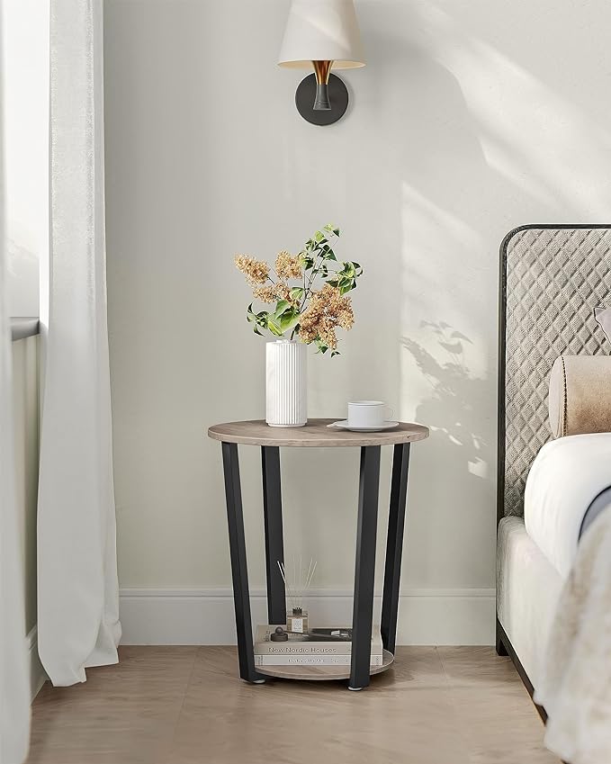 VASAGLE Round Side End Table, 2-Tier Accent Bedside Table with Storage Shelf, Easy Assembly, Nightstand for Small Spaces, Living Room, Bedroom, Heather Greige and Ink Black ULET057B02