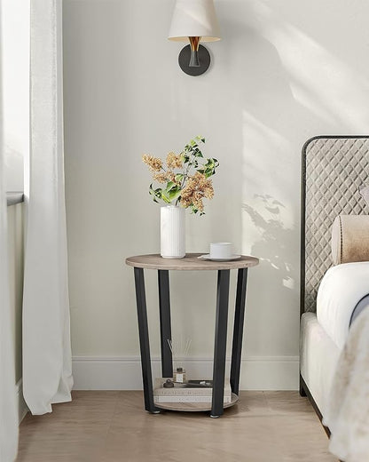 VASAGLE Round Side End Table, 2-Tier Accent Bedside Table with Storage Shelf, Easy Assembly, Nightstand for Small Spaces, Living Room, Bedroom, Heather Greige and Ink Black ULET057B02