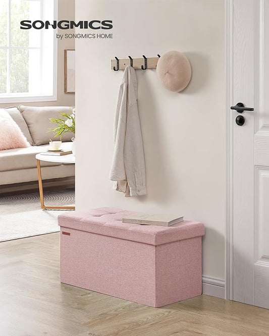 SONGMICS Mazie Collection - 30 Inches Folding Storage Ottoman Bench, Ottoman Foot Rest, End of Bed Bench, Storage Chest, Load 660 lb, for Living Room, Bedroom, Entryway, Jelly Pink ULSF047R11