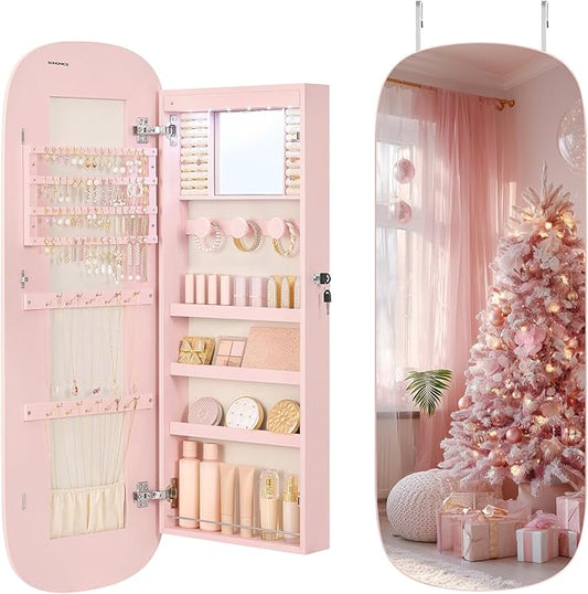 SONGMICS Jewelry Organizer, LED Jewelry Cabinet Wall/Door Mounted, Lockable Rounded Wide Mirror with Storage, Christmas Gift 3.9 x 16.5 x 42.5 Inches, Jelly Pink Surface with Cream White Lining