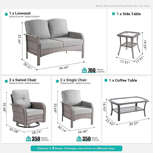 7 PCS Patio Outdoor Furniture Set with Swivel Rocking Chairs,All Weather Wicker Rattan Patio Seating Sofa and Chairs Set,Outdoor Conversaiton Sets for Deck Yard Prrch Garden Poolside,Dark Grey