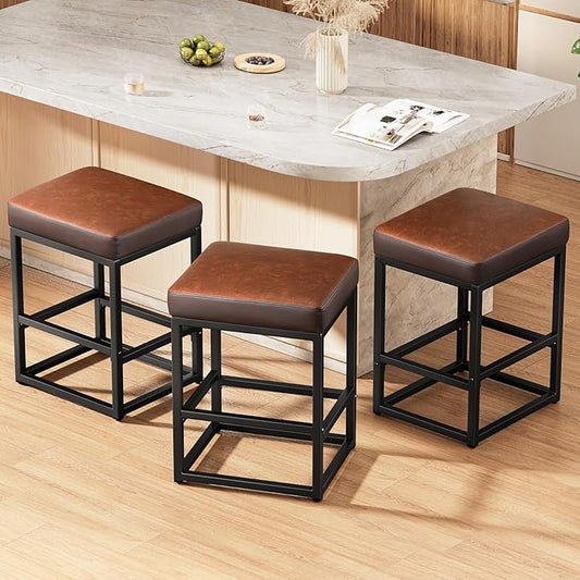 Counter Height Bar Stools Set of 3, 24" Barstools for Kitchen Countertop, Faux Leather Counter Stools with Thick Square Seats & Sturdy Metal Base, Simple Assembly, Brown