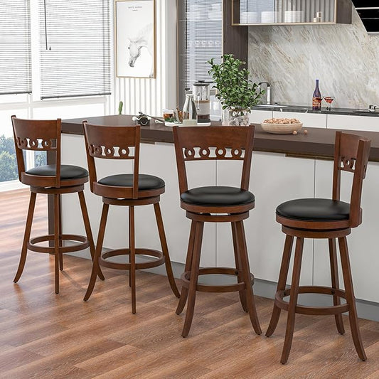 COSTWAY Bar Stools Set of 4, 30.5” Bar Height Bar stools with Solid Wood Legs, Cushioned Seat, Footrest, for Home, Kitchen Island, Bar (4, 30.5'' Seat Height)
