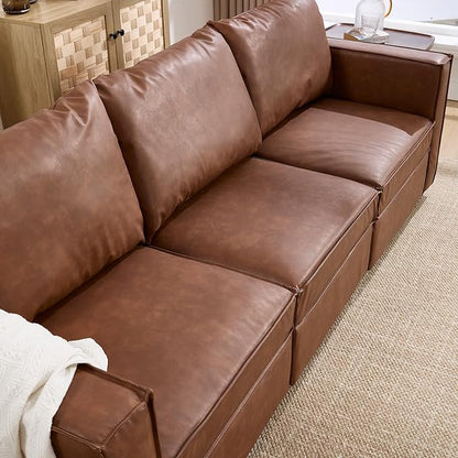 3 Seater Brown Leather Modular Sectional Sofa, 90 inch Cloud Modular Sectional Couch, Modern Convertible Comfortable Sofa for Living Room/Apartment