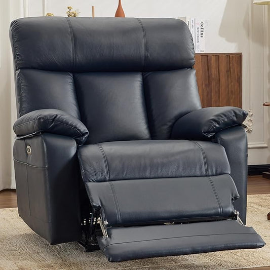 AEDI 450lbs Genuine Leather Power Recliner Chair for Big and Tall Adults Oversized Electric Reclining Sofa for Living Room,Extra Wide 27" Seat,USB Charging(Top Grain Leather,Dark Blue)