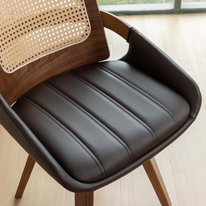 Set of 1 Swivel Rattan Dining Chair - Mid Century Modern Dining Chair with Bentwood Frame, Ergonomic Cane Back, Curved Arms, Faux Leather Swivel Chair for Kitchen/Restaurant (Walnut Brown, Set of 1)