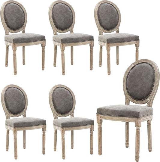 Farmhouse Dining Chairs Set of 6 Faux Leather Kitchen Chairs with Wood Legs French Country Host Side Chairs for Dining Room/Restaurant, PU Grey