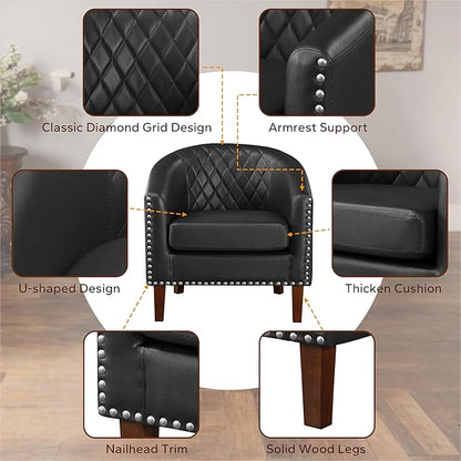 Prilinex Comfy Barrel Accent Chair Set of 8 - Faux Leather Living Room Chair Club Chair with Cushion, Diamond Grid Backrest & Nailhead Trim, Guest Chair for Office, Bedroom & Waiting Room, Black