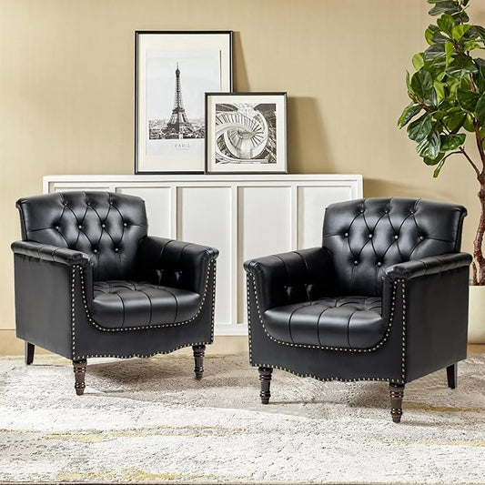 Pia Ricco Faux Leather Armchair Set of 2, Modern Accent Chairs with Nailhead Trim and Solid Wood Legs, Upholstered Comfort for Living Room, Office, Bedroom - Black