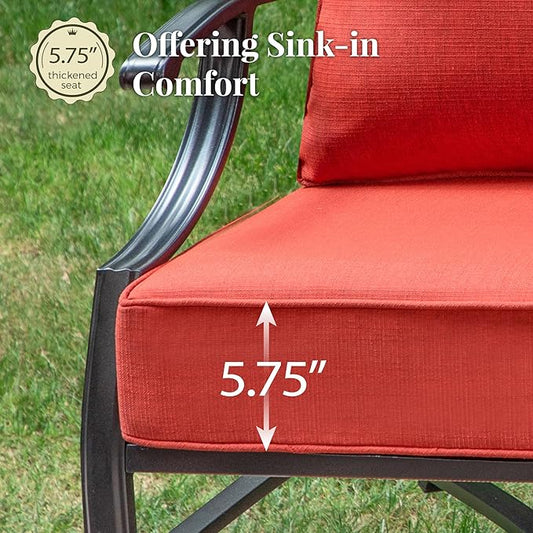 Patio Furniture Set, 6 Pcs Metal Outdoor Conversation Set, 2 Single Chairs, 2 Ottomans and 3 Seater Sofa with 5.75" Extra Thick Cushion and Gas Fire Pit Table, Red