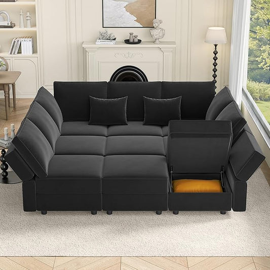 Vesgantti Modular Sofa Bed with Storage, 92" Sleeper Sofas with 9 Seats Storage Chaises Removeble Cover, Luxury Large Velvet Sectional Couch Set for Living Room, Apartment, Home Theatre, Black