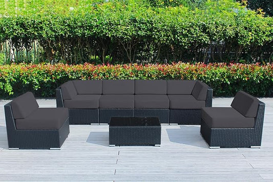 All Weather Outdoor Patio Wicker Furniture 7-PC Black Wicker Sectional with 6 inch Rainshield Gray Cushions