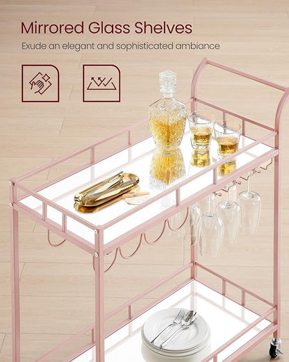 VASAGLE Bar Cart Gold, Home Bar Serving Cart, Wine Cart with 2 Mirrored Shelves, Wine Holders, Glass Holders, for Kitchen, Dining Room, Rose Gold ULRC090A07