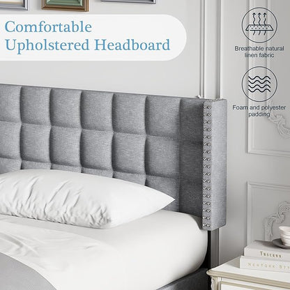VECELO Headboard King Size, Linen Upholstered Headboards Only with Nailhead Trim Wingback, Square Stitched Design, Adjustable Height from 40" to 49.8", Light Grey