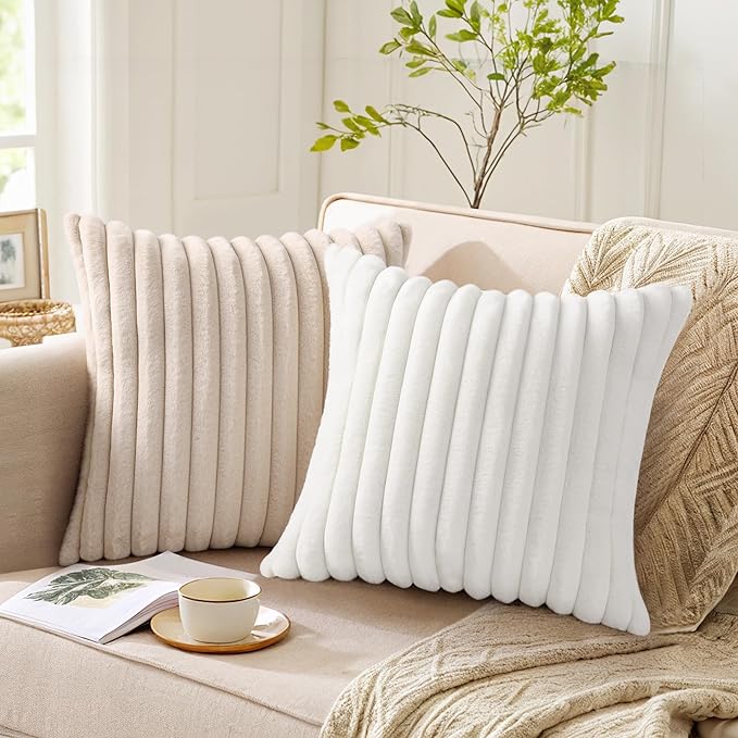 Pallene Faux Fur Plush Throw Pillow Covers 26x26 Set of 2, Luxury Soft Fluffy Striped Decorative Pillow Covers for Sofa, Couch, Living Room, Apricot