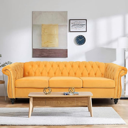 Home Sofa Living Room Furniture, 3 Seater 84" Velvet Upholstered Couch, Mid Century Modern Comfy Couch with Cushions, Classic Tufted Chesterfield Couches for Bedroom, Office, Apartment (Yellow)