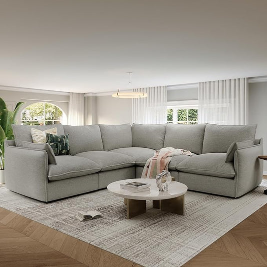 Cloud Modular Sectional Sofa, Waterproof Down Filled Sectional Sofas, High Backrest V Shaped 5 Seater Sectional Couches for Living Room, Modern Modular Couch with Removable Cover, Light Gray