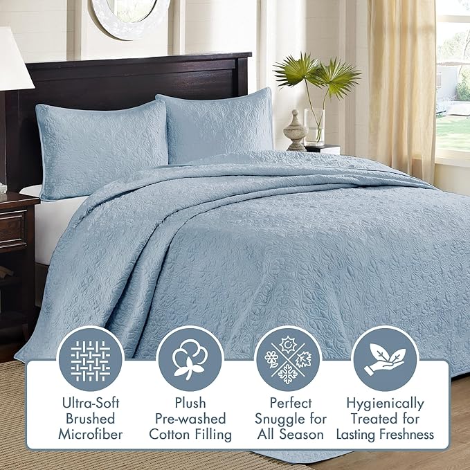 Madison Park Quebec Reversible Quilt Set Damask Design, Double Sided Stitching All Season, Lightweight Bedspread Bedding Set, Matching Sham, Blue, Queen(102"x118") 3 Piece