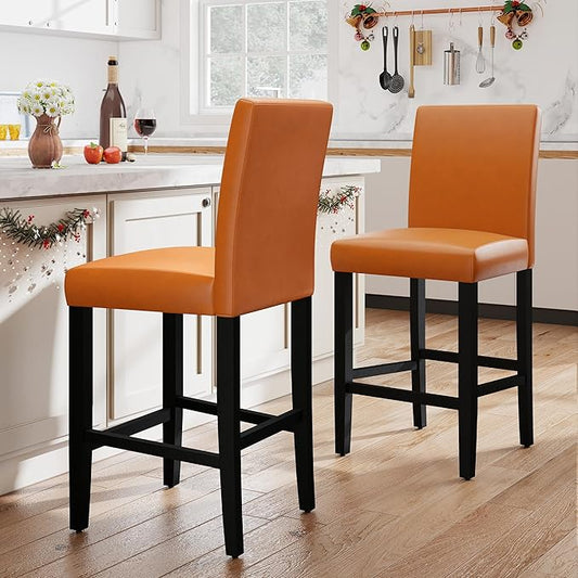 LSSPAID Counter Height Bar Stools Set of 2, 24.8 Inch Upholstered PU Leather Barstools, Modern Kitchen Island Chairs with Backrest and Solid Wood Legs, Light Brown