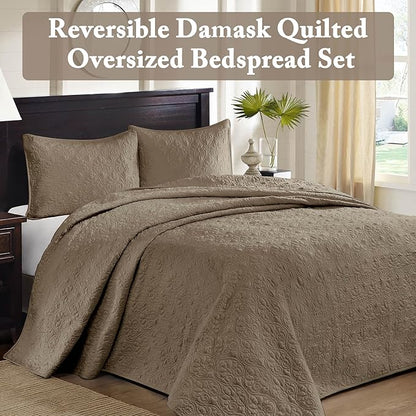 Madison Park Quebec Reversible Quilt Set Damask Design, Double Sided Stitching All Season, Lightweight Bedspread Bedding Set, Matching Sham, Khaki, King(120"x118") 3 Piece