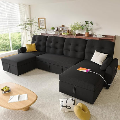 Ucloveria Sleeper Sofa Bed, 112" U Shaped Sectional Sofa Couches for Living Room, Pull Out Couch Bed with Dual Reversible Storage Chaise | Charging Station | Side Pockets | Removable Backrest