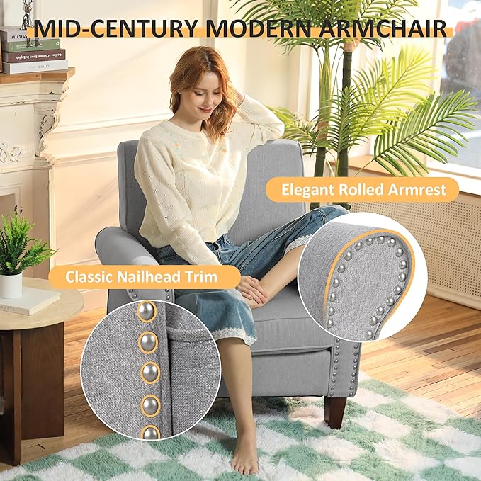 PrimeZone Comfy Accent Chair Set of 2, Mid-Century Modern Fabric Living Room Chair Reading Chair with Soft Cushion, Nailhead Trim & Rolled Armrest, Arm Chair Sofa Chair for Bedroom Waiting Room,Grey
