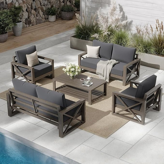 UDPATIO 5 Piece Faux Wood Aluminum Patio Furniture Set 6 Seats Modern Outdoor Furniture Patio Conversation Sets with Coffee Table for Balcony, Backyard, 600D Waterproof Cover Included, Dark Grey