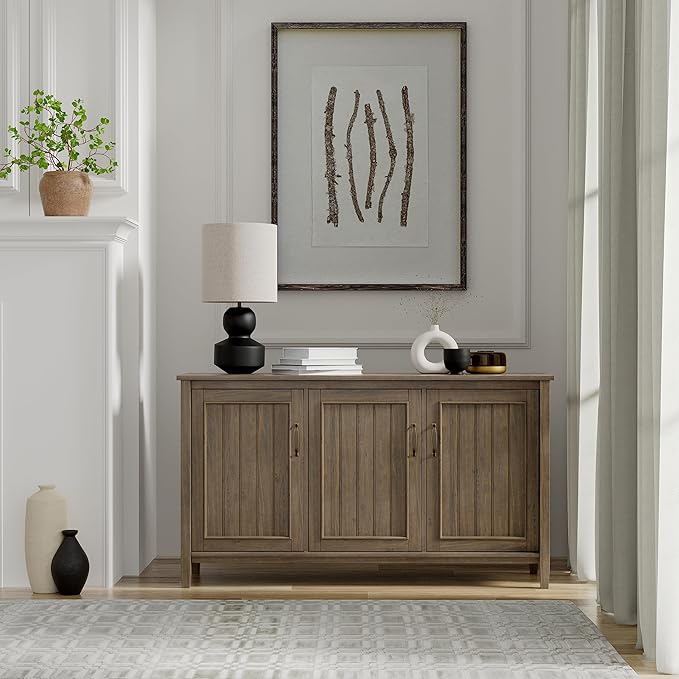 SIMPLIHOME Lev SOLID WOOD 60 inch Wide Contemporary Wide Storage Cabinet in Smoky Brown for the Living Room, Entryway and Family Room