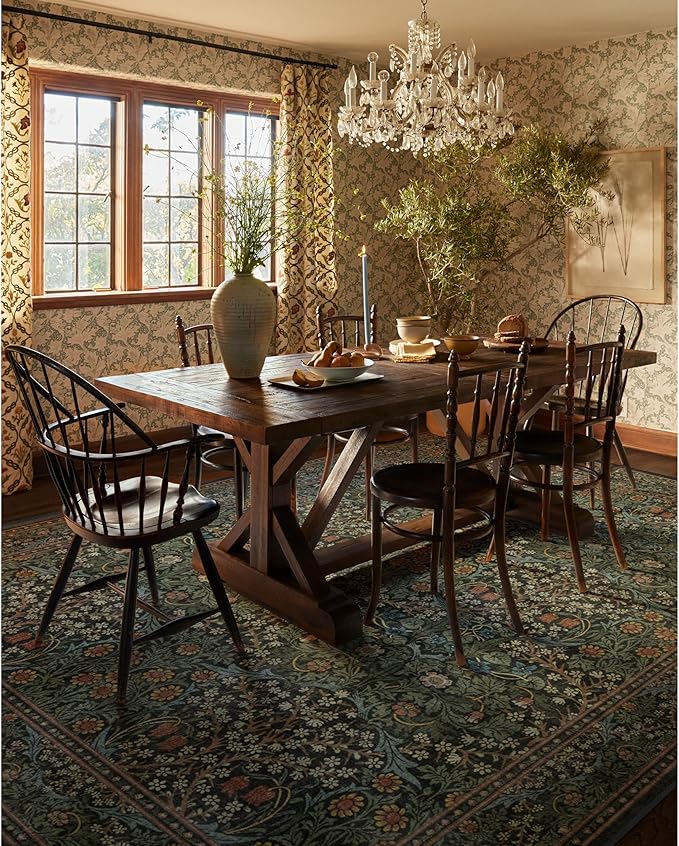RUGGABLE x Morris & Co Washable Area Rug– Blackthorn Forest Green 9x12, Stain-Resistant, Non-Slip – Large Machine Washable Rugs for Living Room, Bedroom, Hallway, Entryway & Office–with Cushioned Pad