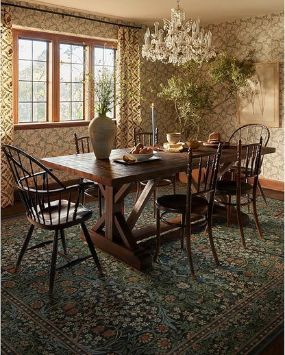 RUGGABLE x Morris & Co Washable Area Rug– Blackthorn Forest Green 9x12, Stain-Resistant, Non-Slip – Large Machine Washable Rugs for Living Room, Bedroom, Hallway, Entryway & Office–with Cushioned Pad