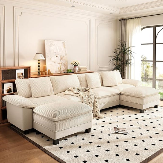 PHI VILLA Cloud Modular Couch Sets, 157.5" Sectional Sofa with U-Shaped Chaise Ottoman, 6-Seater Couches with Upholstered Deep Seat for Living Room, Chenille Corduroy Dual Fabric, Beige