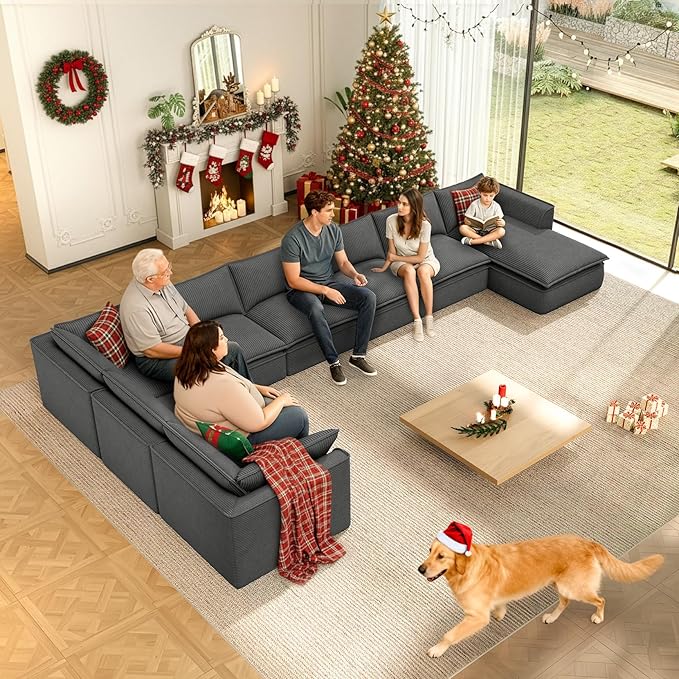 Vesgantti 141.7" Oversized Boneless Sectional Couch, 7 Seater Modular Sofa with Chaise & Ottoman & Armrest, Deep Seat Corduroy Cloud Couches for Living Room, No Assembly Required, Dark Gray