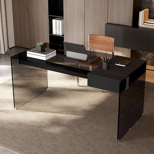 53.14" Modern Tempered Glass Executive Desk with Drawer, Black Wood Finish and Tempered Glass Legs – Minimalist Stylish Workstation Table for Home Office