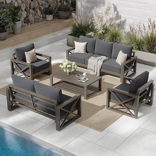 UDPATIO 5 Piece Aluminum Patio Furniture Set Faux Wood Grain Modern Outdoor Furniture Set with 6" Olefin Fabric Cushions and Coffee Table, 600D Waterproof Cover Included, Dark Grey