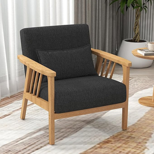 Mid-Century Modern Accent Chair, Linen Armchair and Lounge Chair with Lumbar Pillow, Wide Seat & Solid Wood Frame for Living Room, Bedroom or Balcony （Dark Gray）