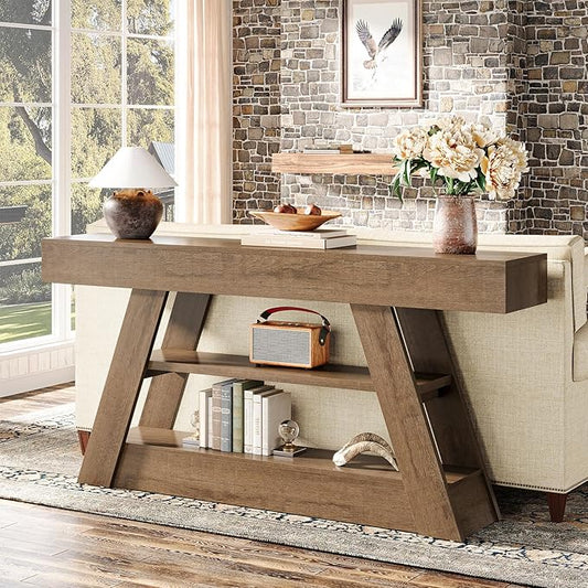 Tribesigns 63-Inch Wooden Console Table with Storage Shelves, Rustic Long Entryway Sofa Table Behind Couch for Living Room, Entrance, Hallway, Foyer