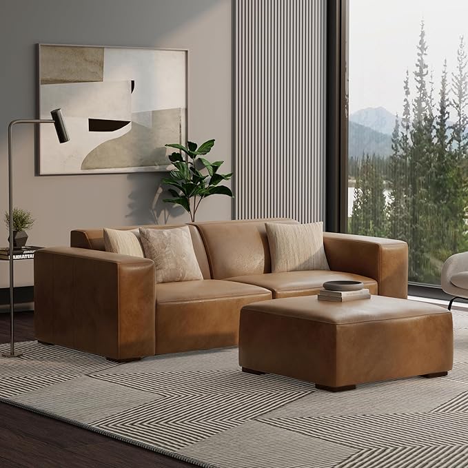 SIMPLIHOME Rex Ottoman in Full-Grain Genuine Leather, Caramel Brown, 34-inches Wide, Modern-Style Table Ottoman or Footrest, Assembled, for Living Room and Family Room