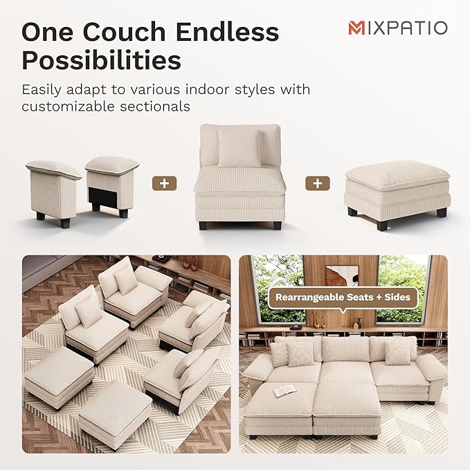 157-Inch L Shaped Sectional Sofa with Cloud Cushions, Deep Seat Modular Couch Set w/ 5 Seats & 1 Ottomans, Removable Arms, Plush Corduroy Upholstery for Living Room, Apartment - Beige