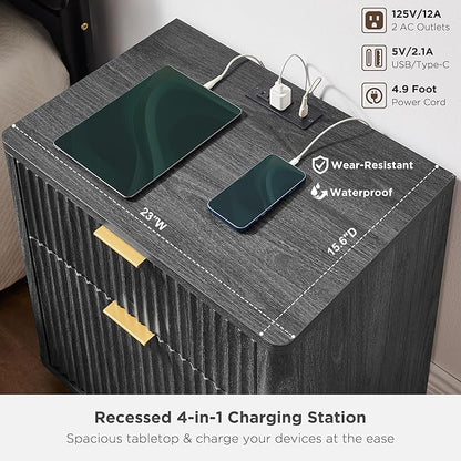 T4TREAM 23'' Fluted Nightstand Set of 2 with Charging Station, Large 2 Drawer Side Table, Modern End Table with Storage, Mid Century Bedside Table for Bedroom, Living Room, Curved Profile, Dark Alder
