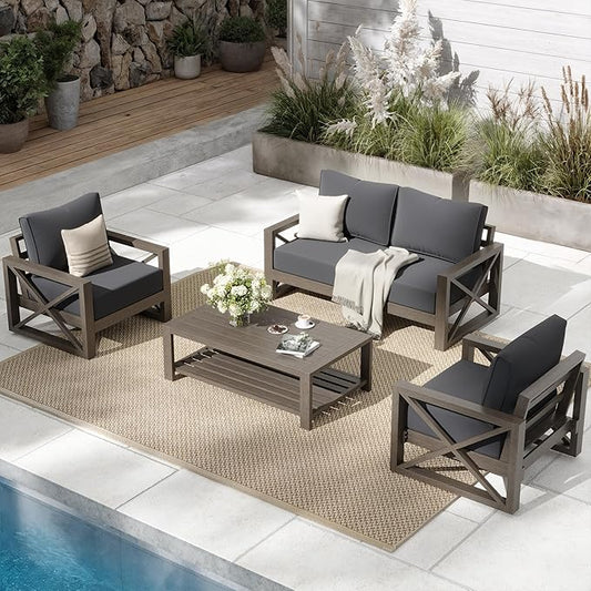UDPATIO 4 Piece Faux Wood Aluminum Patio Furniture Set Modern Patio Conversation Set with Coffee Table for Balcony, Backyard, Deck, 600D Waterproof Furniture Cover Included, Dark Grey