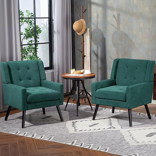 Mid-Century Modern Accent Chair Set of 2, Plush Linen Fabric with Button Tufted High Back & 5" Thick Cushion, High Comfort Reading Chair for Living Room, Bedroom, Office (Green)