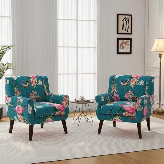 Accent Chair, Modern Linen Blend Arm Chair for Living Room, Bedroom, Comfy High-Resilient Sponge Reading Chair for Small Spaces (Pattern Floral Blue, Set of 2)