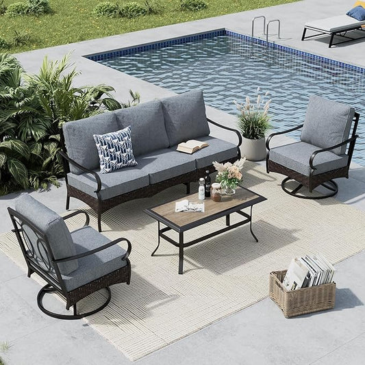 MFSTUDIO 4 Pieces Outdoor Patio Furniture Set, Metal Outdoor Conversation Set, Rattan Wicker Patio Sectional with 2 x Swivel Single Sofa, 3-Seat Sofa, 1 x Coffee Table, Grey