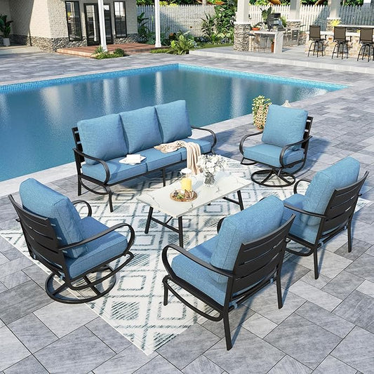 Sophia & William Patio Furniture Sets for 7 Outdoor Conversation Set 6 Pcs with 4 x Armrest Cushioned Sofa Chairs, 1 x 3-Seat Sofa, 1 Marbling Metal Coffee Table Garden Backyard Poolside Navy