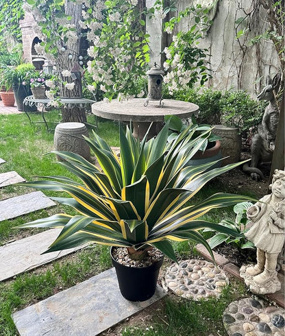 SUNPRAIRIE 34 Inch Tall Large Artificial Agave Plant in Pot with 45 Leaves, Forest Green with Yellow-Edges. Outdoor and Indoor Faux Plants.