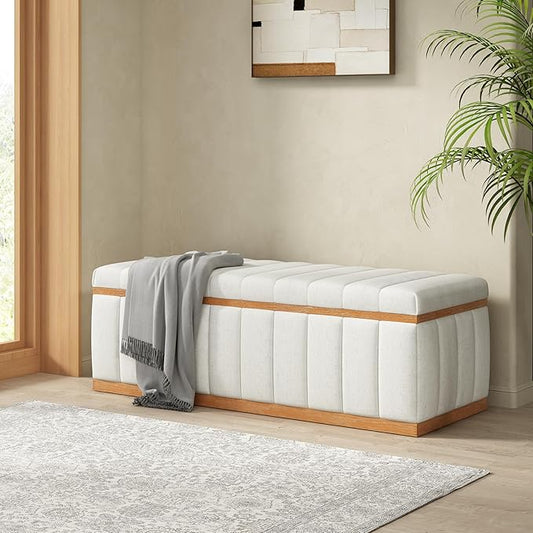 Christopher Knight Home Kira Living Room Ottoman with Storage, Linen Upholstered Storage Ottoman Bench with Channel-Tufted Design, Wood Frame Sofa Foot Stool, Bedroom End of Bed Bench, Beige
